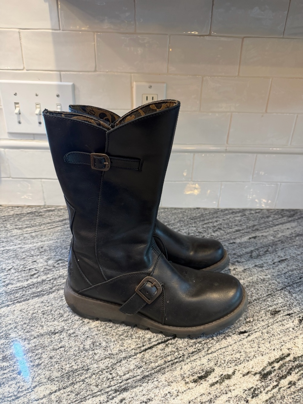 Women’s Fly London Mes 2 Boots Leather Mid Calf Zip Buckle Size 39